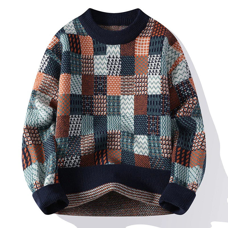 Heren Trui – Relaxte Pasvorm – Patchwork Breisel – Geribde Boorden en Halslijn
