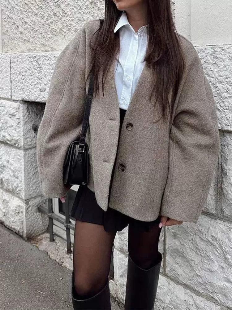 Dames Jas – Oversized Relaxte Pasvorm – Wolachtige Stof – Wijde Mouwen – V-Hals Zonder Kraag