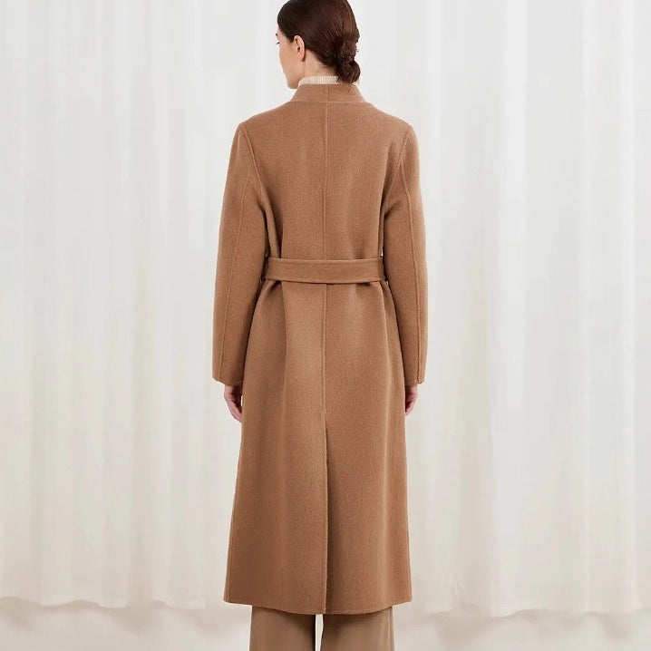 Women's Long Coat – Relaxed Fit – Wool – Stand-up Collar – Asymmetric Lapel