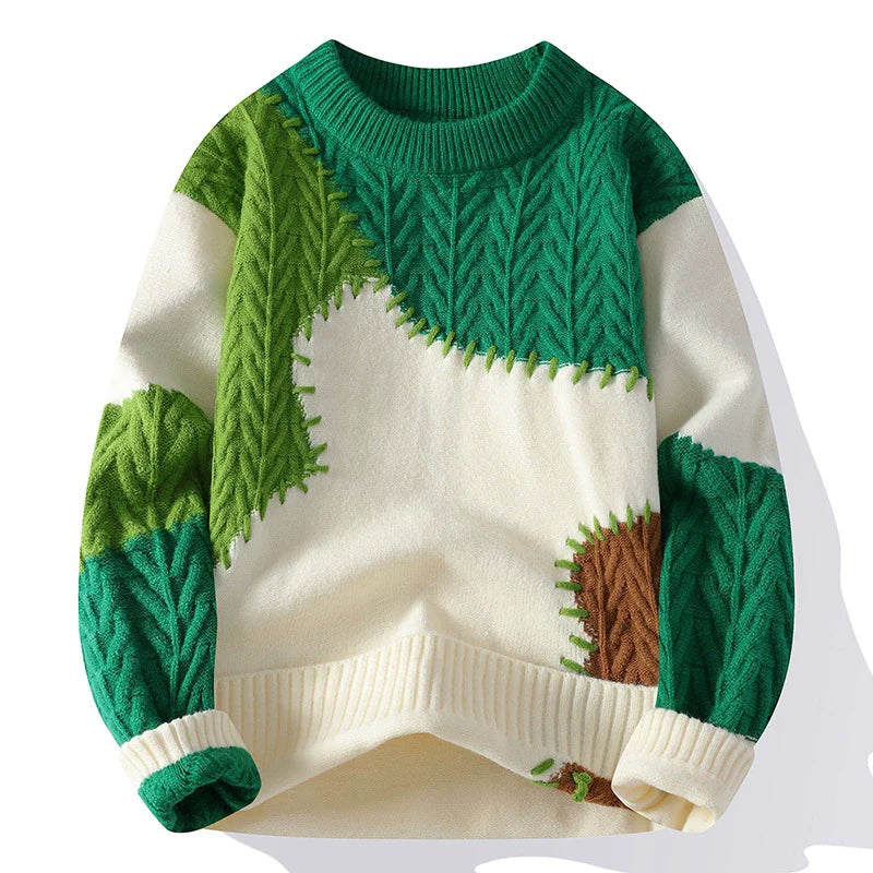 Heren trui – Losse pasvorm – Wolmix breisel – Patchwork ontwerp – Ribgebreide boord