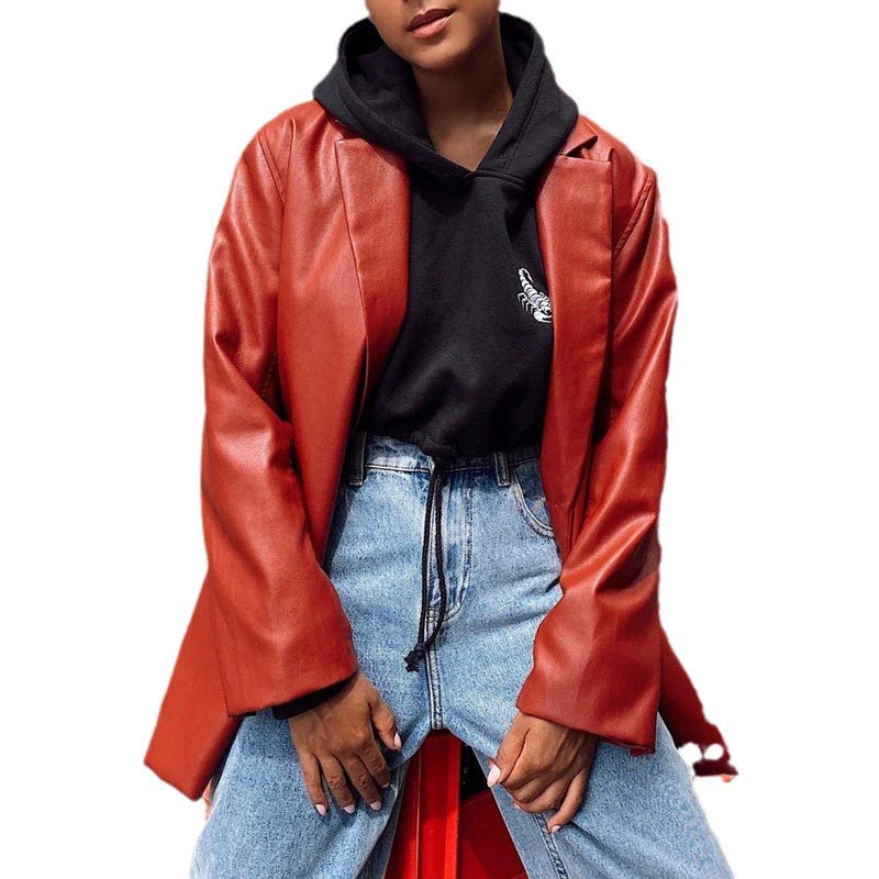 Dames blazer jas – Oversized relaxte pasvorm – Imitatieleer – Lange mouw – Flapzakken