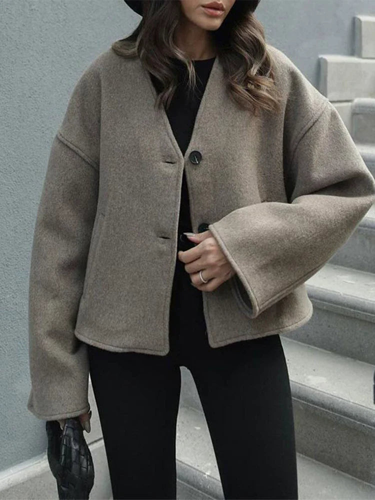 Dames Jas – Oversized Relaxte Pasvorm – Wolachtige Stof – Wijde Mouwen – V-Hals Zonder Kraag