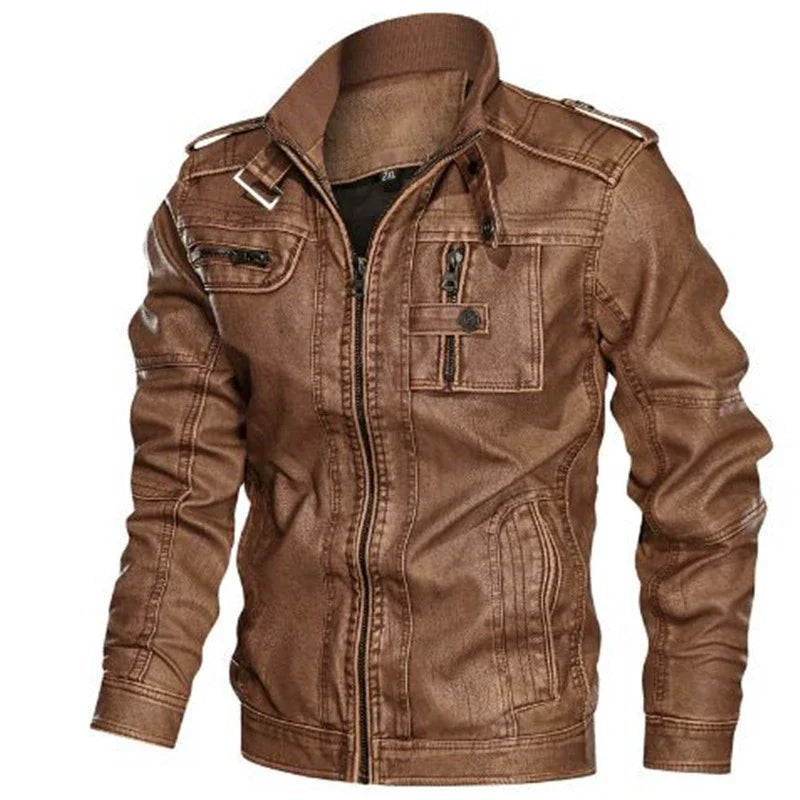 Heren Jas – Slim Fit – Leerlook – Opstaande Kraag – Meerdere Zakken – Militairstijl