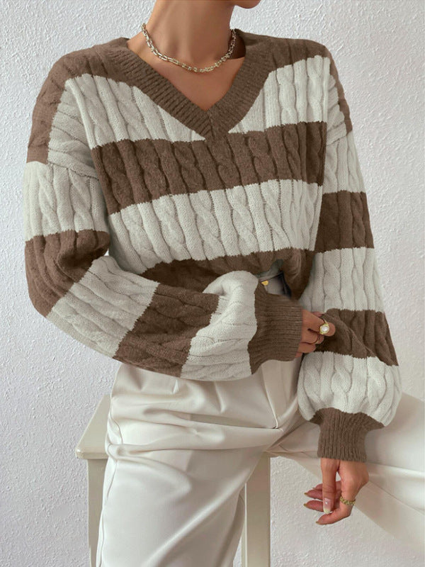 Olivia Cable-Knit Varsity Sweater | Striped Casual Sweater