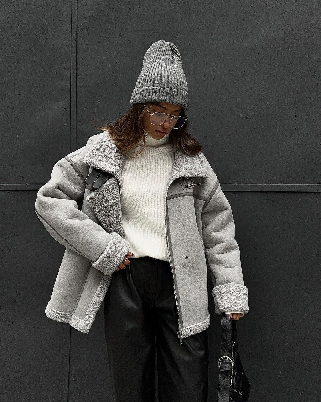 Noor Oversized Shearling Aviator Jacket | Collared Hip-Length Jacket