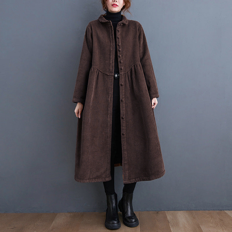 Dames Lange Jas – Corduroy – A-lijn Los Model – Hoge Kraag – Knoopsluiting – Midi
