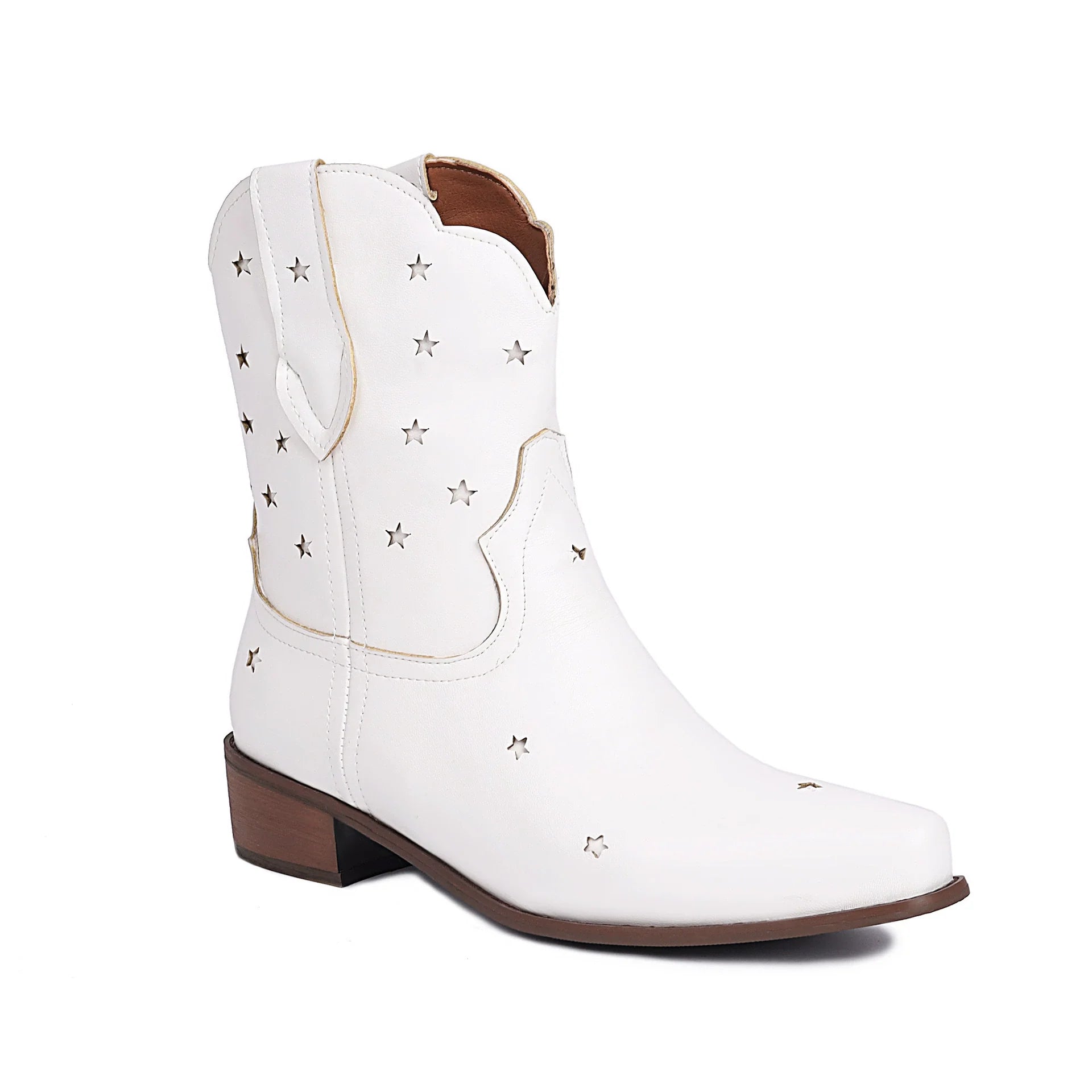 Women's Ankle Boots – Smooth Leather – Pointed Toe – Low Heel – Star Studs – Western Style