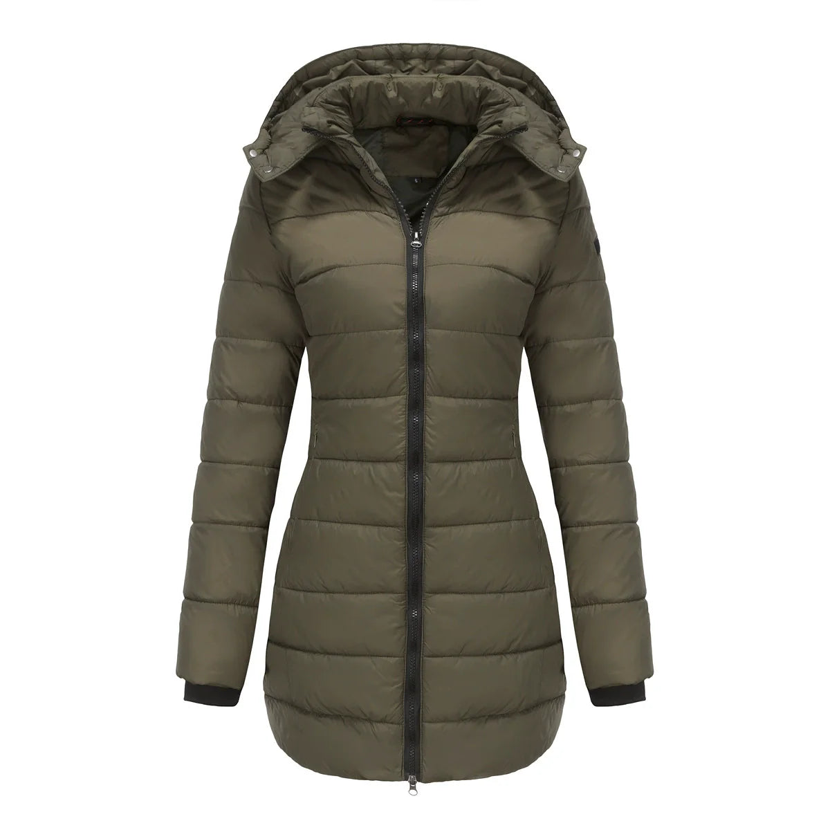 Ladies Puffer Jacket – Padded – Detachable Hood – Ribbed Cuffs – Mid-Length Model