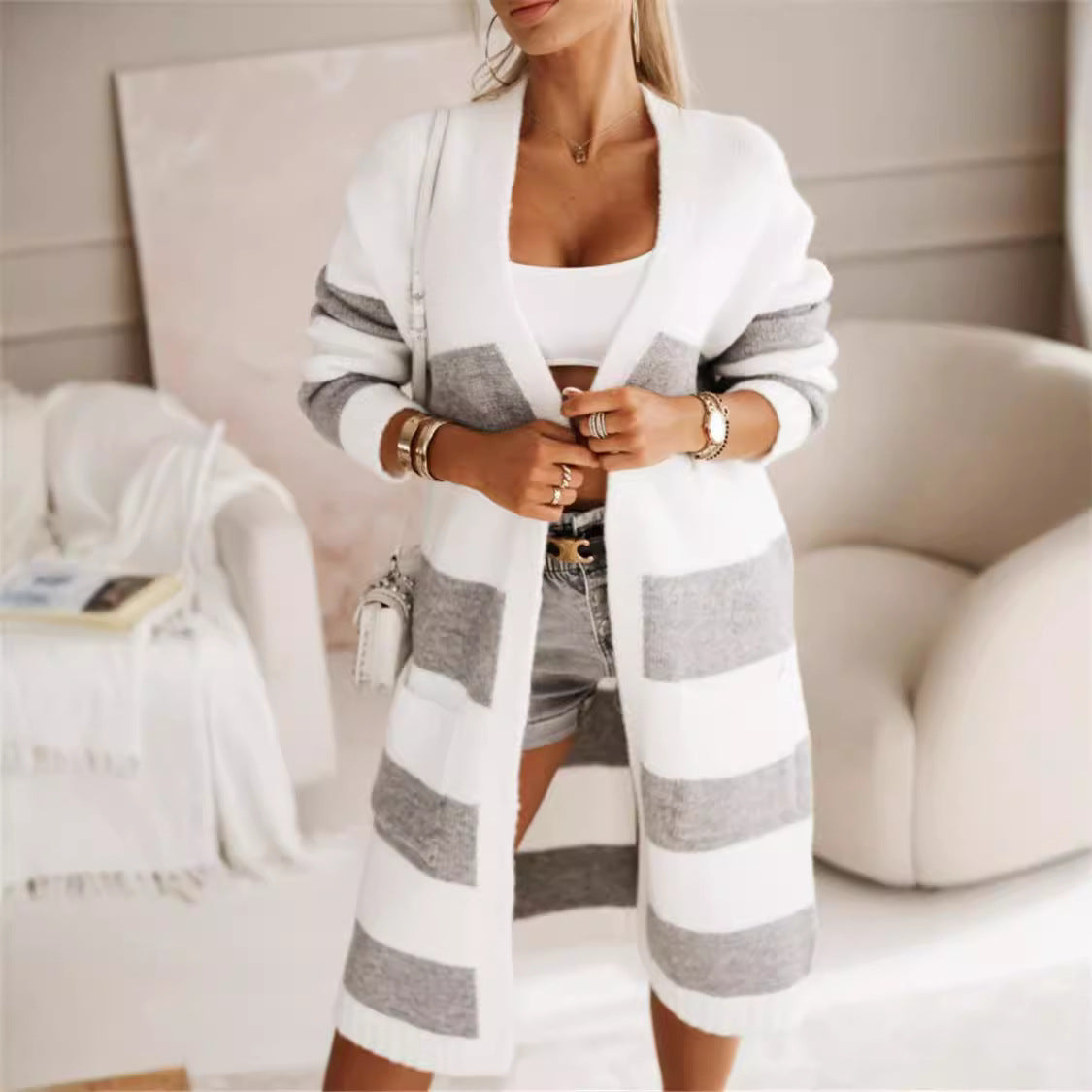 Dames Vest – Oversized Pasvorm – Lang Model – Open Voorzijde – Gestreept Breisel