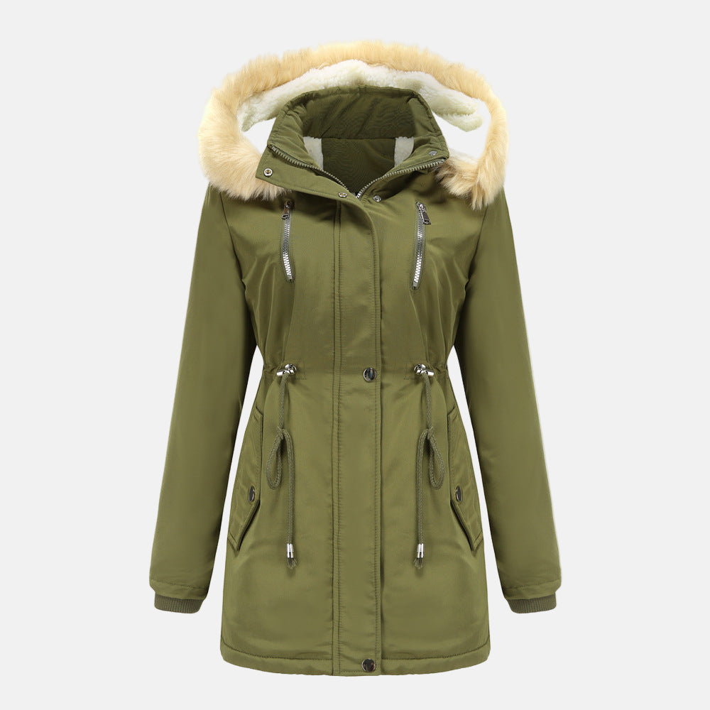 Women's Parka Coat – Adjustable Waist – Detachable Fur Collar – Windproof Cuffs