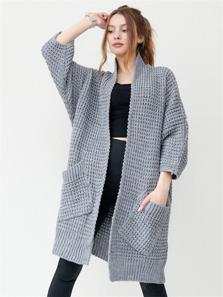 Dames Gebreide Jas – Oversized Pasvorm – Chunky Knit – Open Voorzijde – Patchzakken