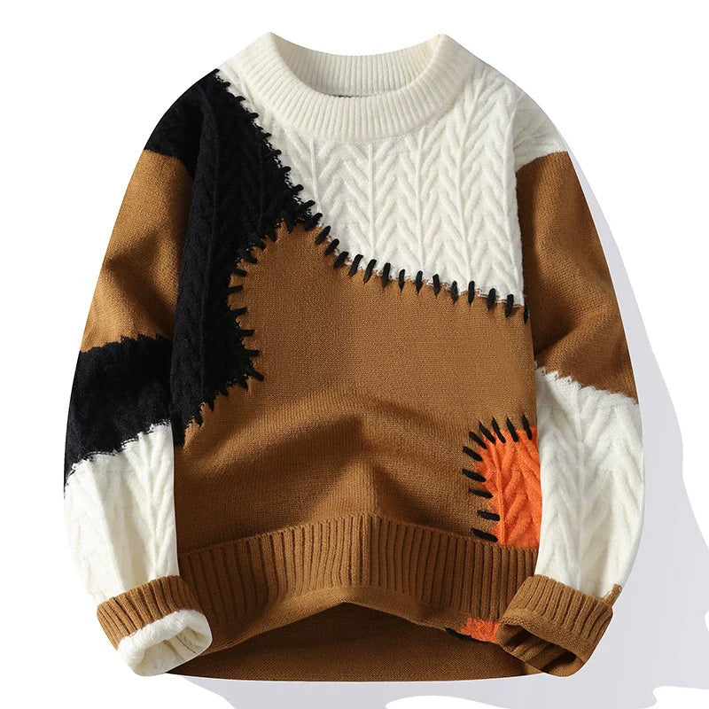 Heren trui – Losse pasvorm – Wolmix breisel – Patchwork ontwerp – Ribgebreide boord