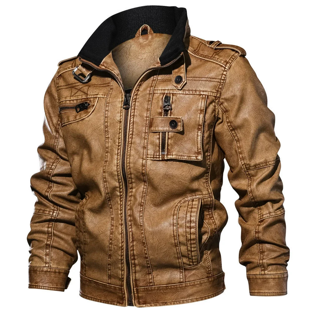 Heren Jas – Slim Fit – Leerlook – Opstaande Kraag – Meerdere Zakken – Militairstijl