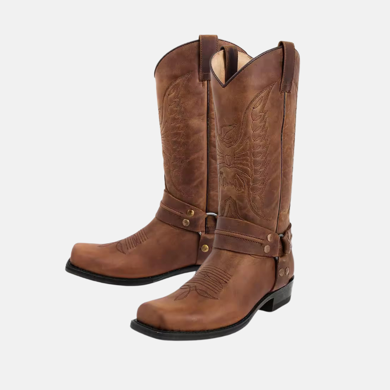 Men's Boots - Leather - High Model - Square Toe - Stacked Heel - Embroidered Motif