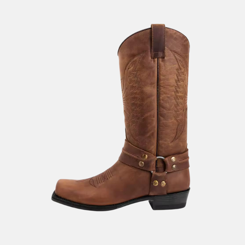 Men's Boots - Leather - High Model - Square Toe - Stacked Heel - Embroidered Motif