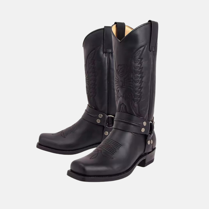 Men's Boots - Leather - High Model - Square Toe - Stacked Heel - Embroidered Motif