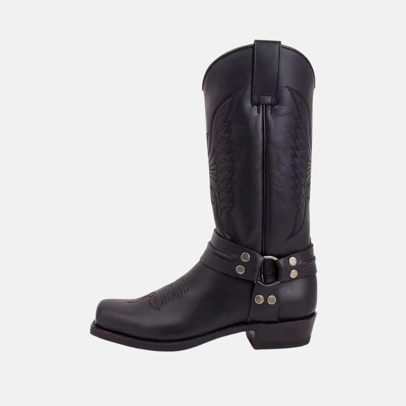 Men's Boots - Leather - High Model - Square Toe - Stacked Heel - Embroidered Motif