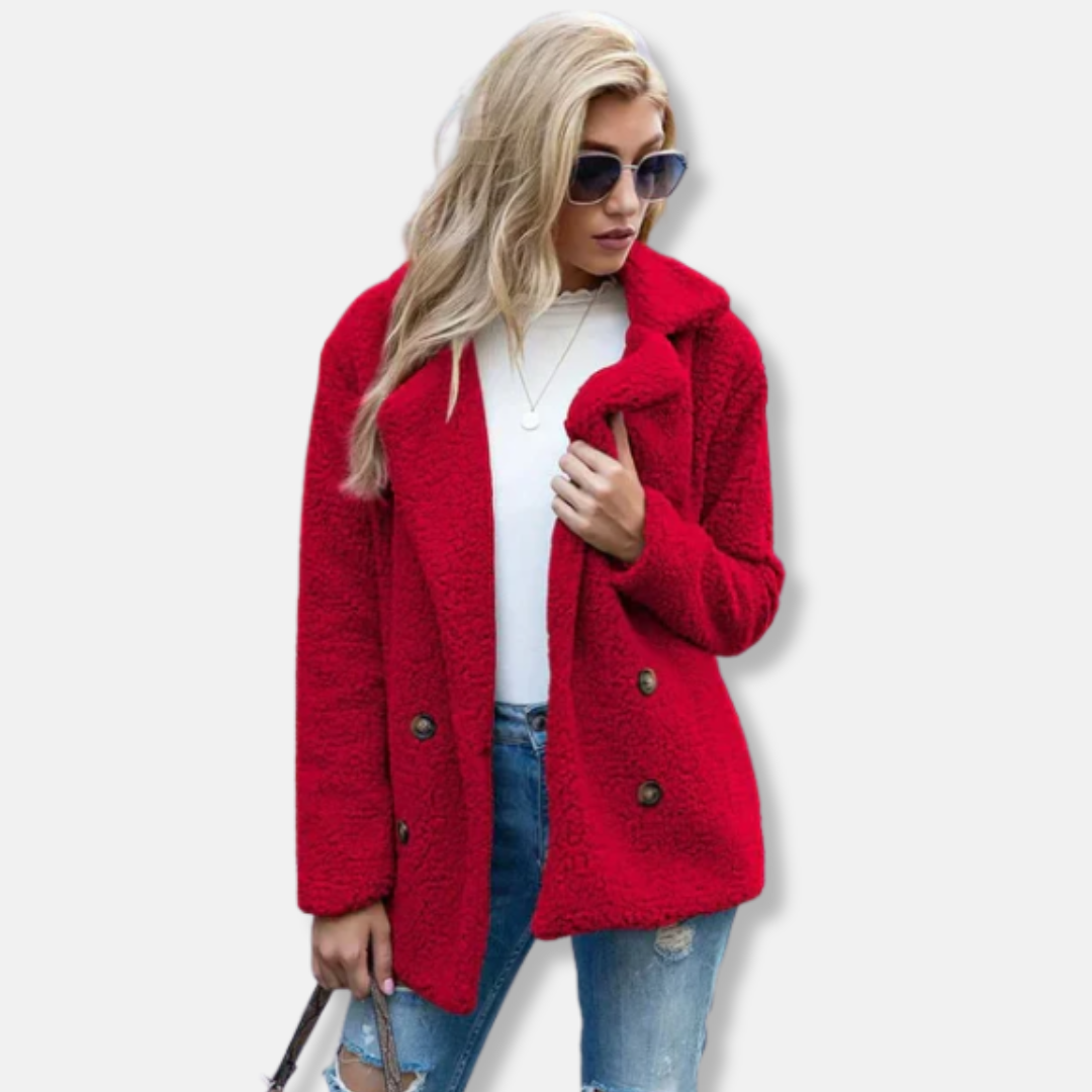 Ladies Coat – Double-Breasted – Relaxed Fit – Soft Texture – Hip Length – Notched Lapel