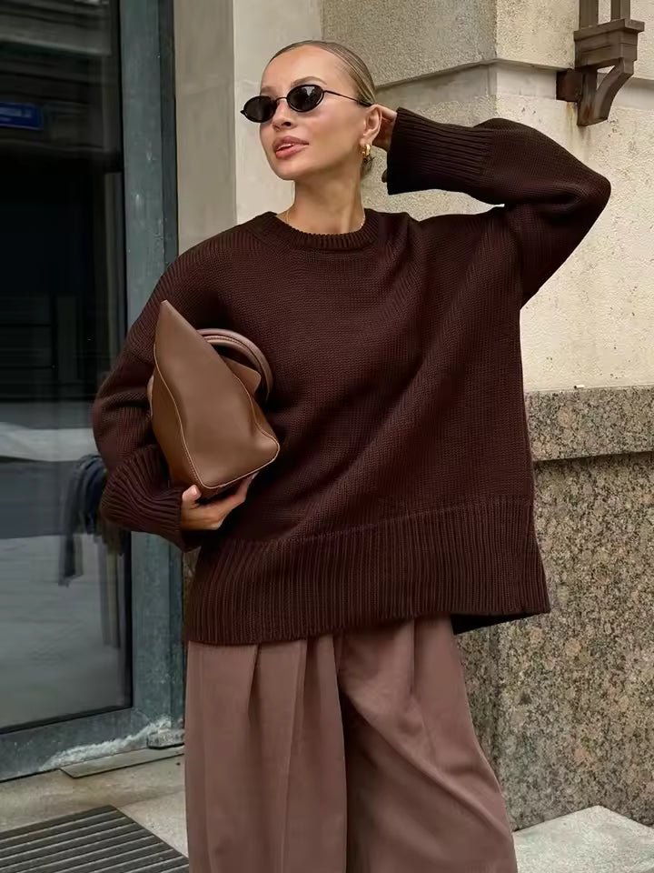 Dames Trui – Oversized Pasvorm – Gebreid Wol – Wijde Ronde Hals – Geribde Boorden