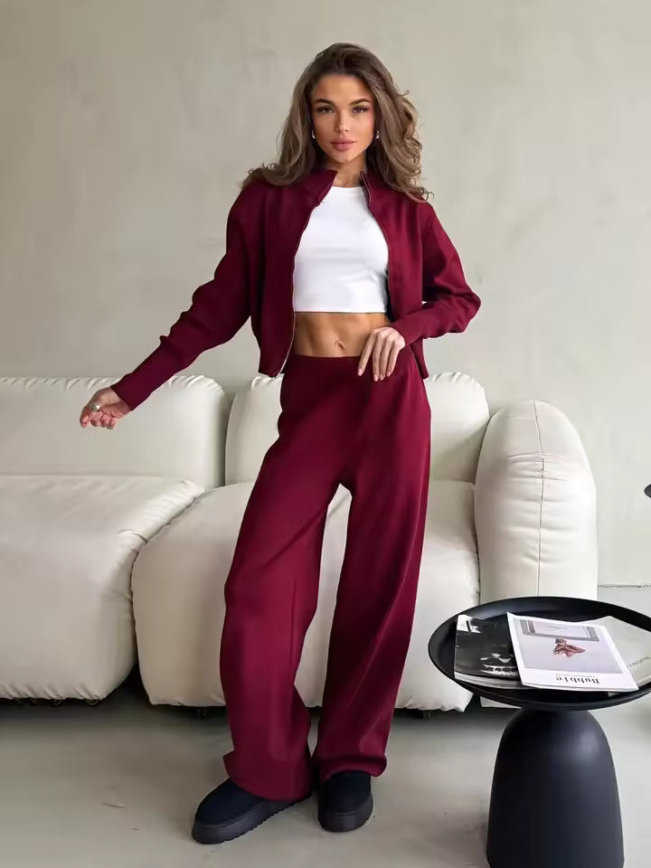 Dames Twee-Delige Set – Gebreid – Cropped Ritstop – Hoge Taille Wijde Pijpen