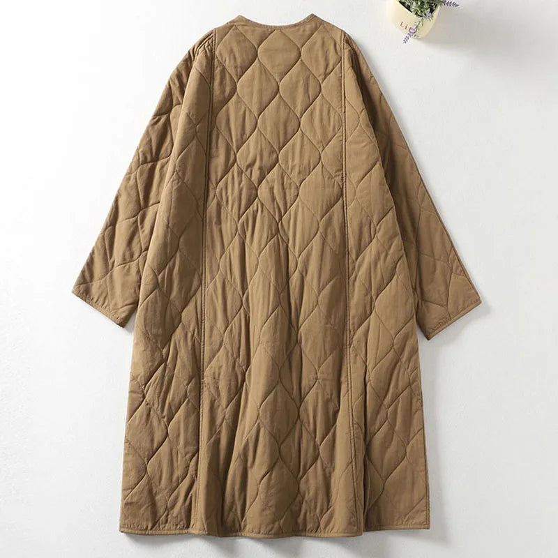 Ladies Coat – Quilted – Oversized Fit – Long Model – Collarless V-neck – Patch Pockets