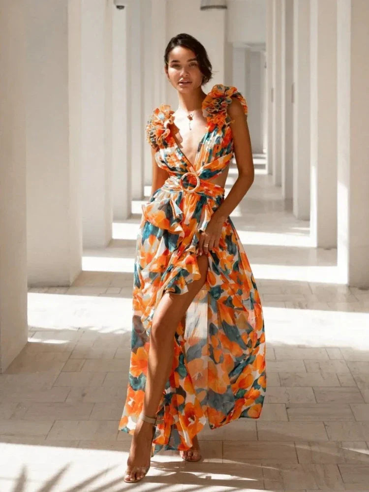 Stijlvolle Backless Ruffles Maxi Jurk
