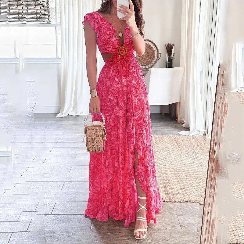 Chique V-Hals Maxi Jurk met Bloemenprint