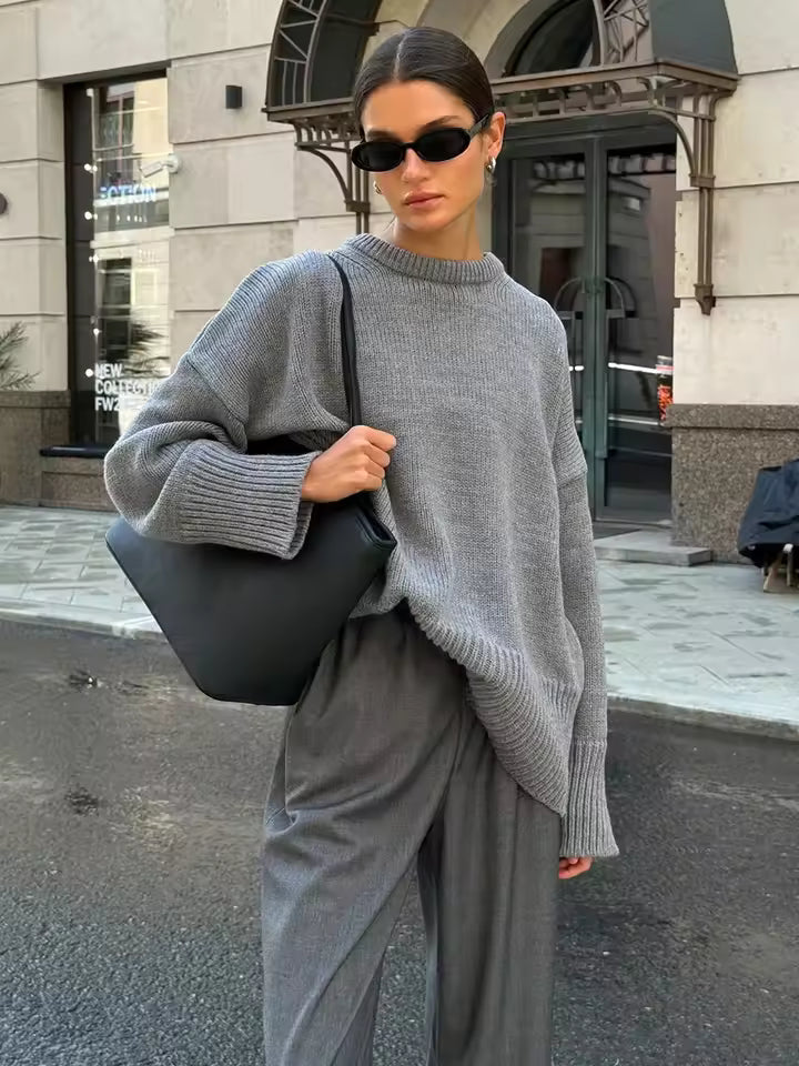 Dames Trui – Oversized Pasvorm – Gebreid Wol – Wijde Ronde Hals – Geribde Boorden
