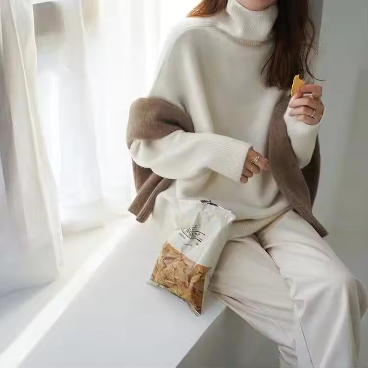 Dames Trui – Oversized Pasvorm – Dikke Gebreide Stof – Hoge Col – Geribde Boorden
