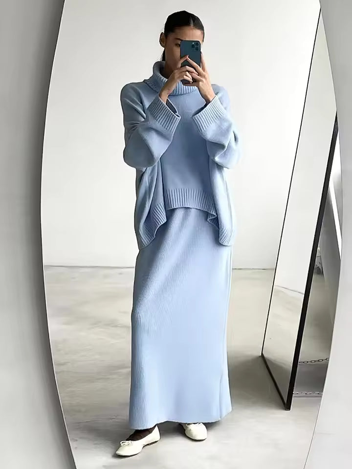 Dames Two-Piece Set – Oversized Turtleneck Trui – Maxi Rok – Gebreide Stretch Pasvorm