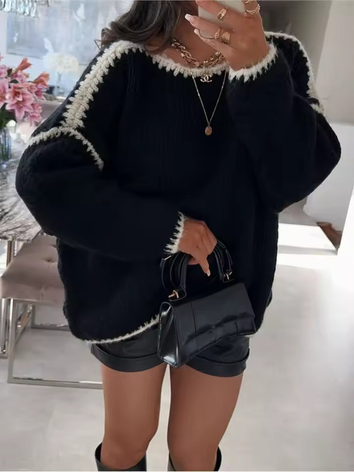 Dames Trui – Oversized Pasvorm – Chunky Gebreid – Ballonmouwen Ribboorden