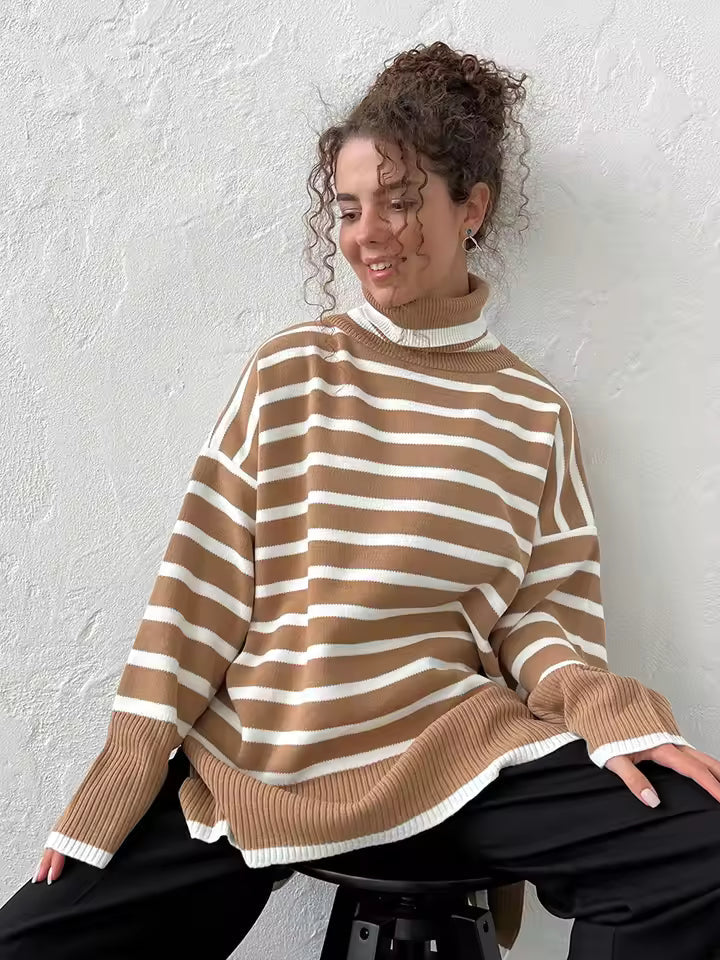 Dames trui – Oversized pasvorm – Wolmix gebreid – Coltrui met ribboorden – Gestreept