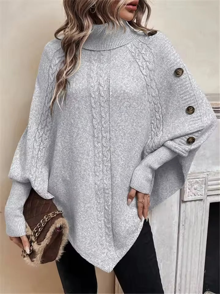 Dames Trui – Oversized Pasvorm – Batwing Mouwen – Kabelstructuur – Colkraag – Tunieklengte – Knoopdetail