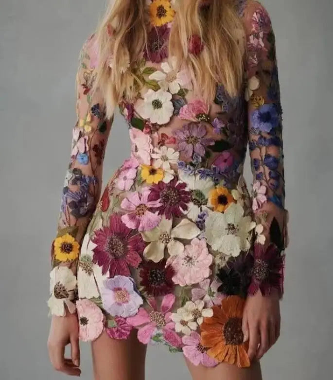 Elegante Jurk met 3D Bloemen – Textuur en Stijl in Eén