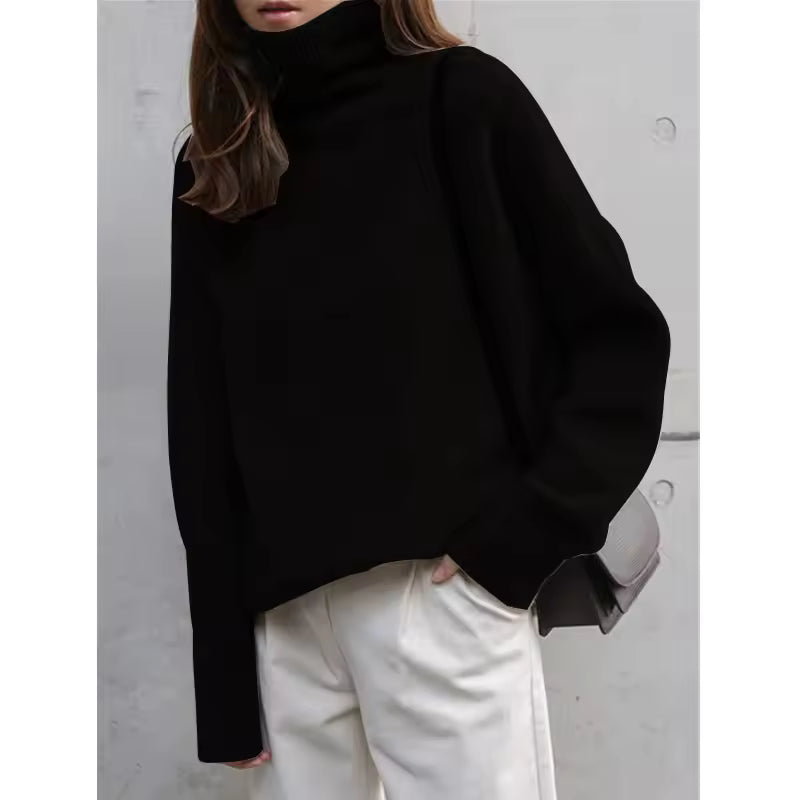 Dames Trui – Oversized Pasvorm – Dikke Gebreide Stof – Hoge Col – Geribde Boorden