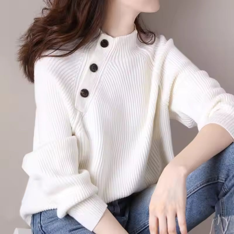 Dames Pullover Trui – Losse Pasvorm – Ribstructuur – Col – Asymmetrische Knopen