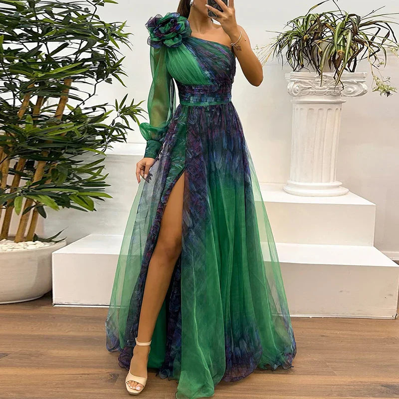 Elegante One Shoulder Mesh Print Maxi Jurk