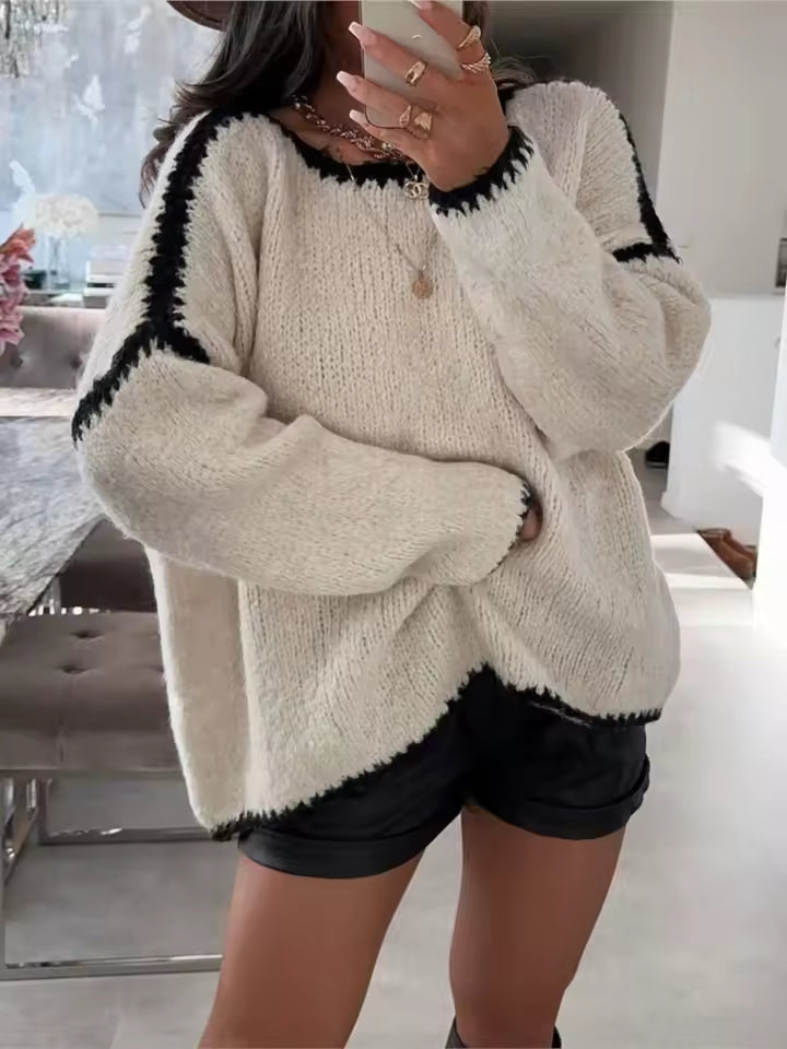 Dames Trui – Oversized Pasvorm – Chunky Gebreid – Ballonmouwen Ribboorden