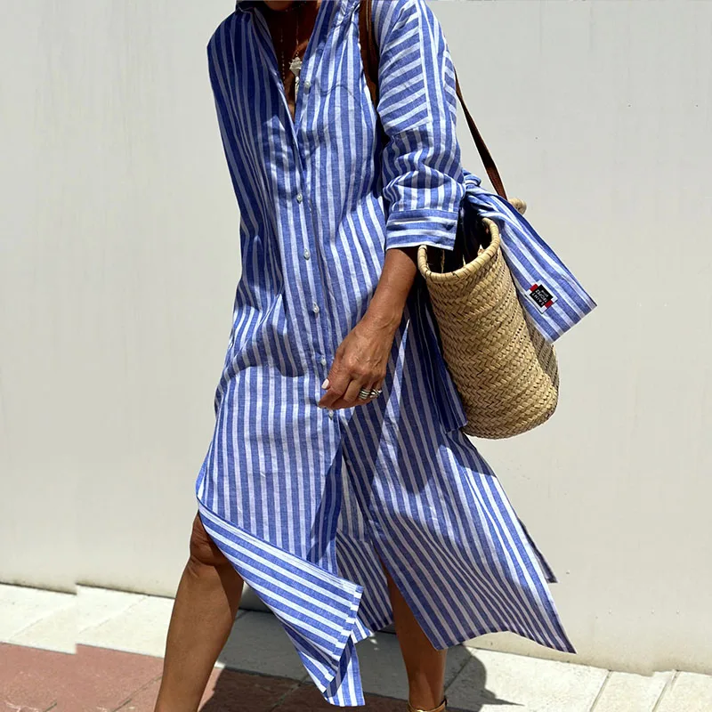 Comfortabele en Elegante Gestreepte Midi-jurk voor Dames