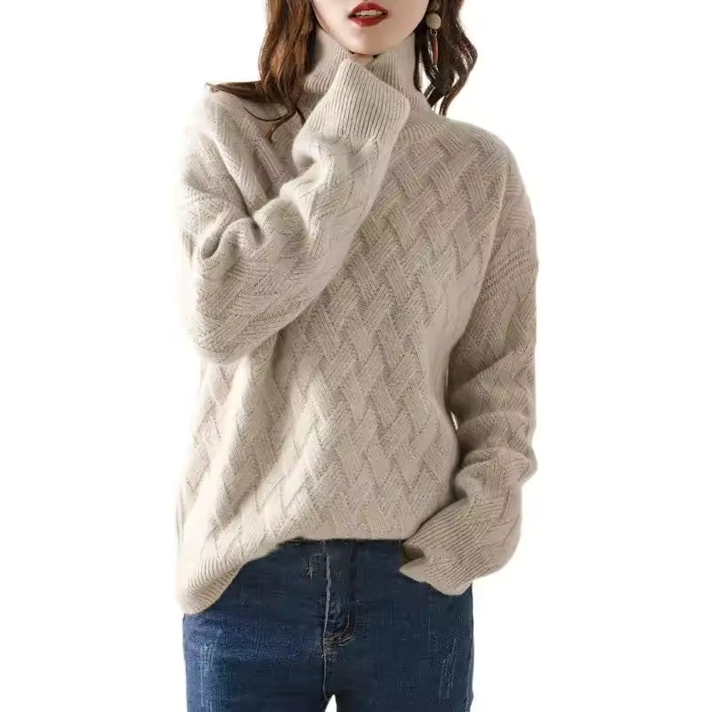 Dames Pullover Trui – Oversized Pasvorm – Ribgebreide Col – Textuur Gebreid