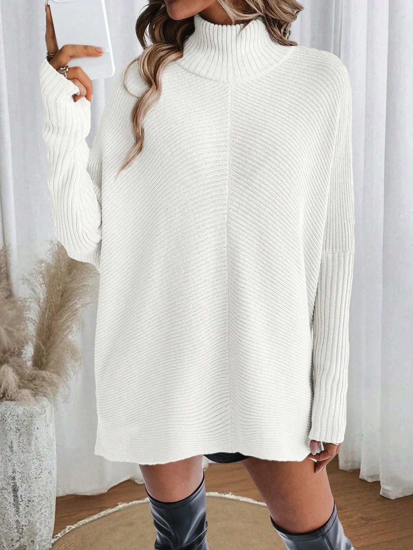 Dames Trui – Oversized Pasvorm – Colkraag – Geribde Gebreide Stof – Tuniek Lengte