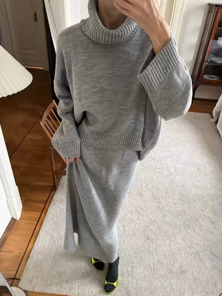 Dames Two-Piece Set – Oversized Turtleneck Trui – Maxi Rok – Gebreide Stretch Pasvorm