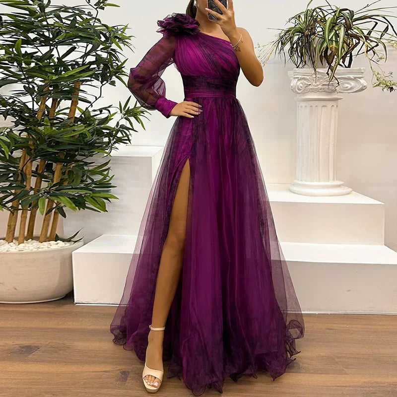 Elegante One Shoulder Mesh Print Maxi Jurk