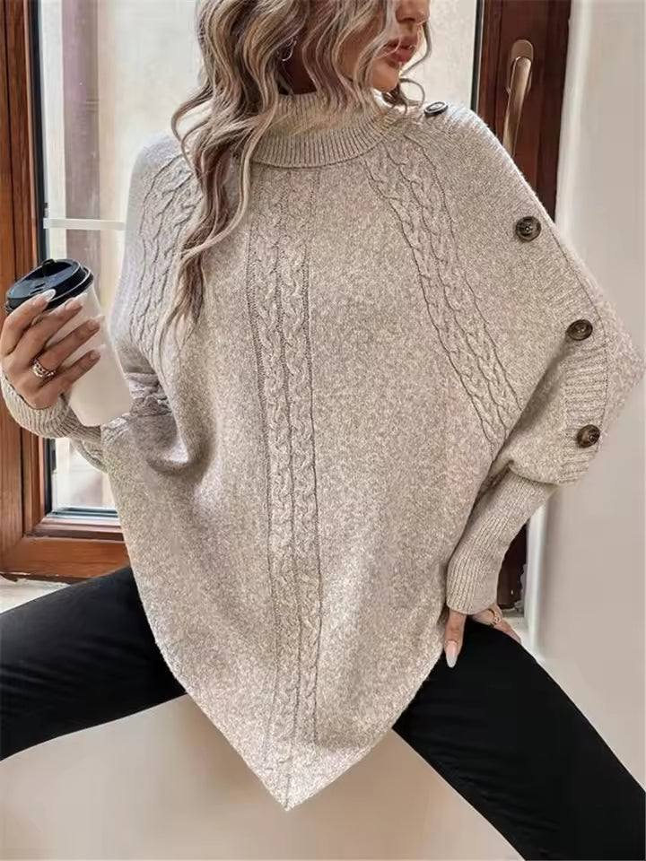 Dames Trui – Oversized Pasvorm – Batwing Mouwen – Kabelstructuur – Colkraag – Tunieklengte – Knoopdetail