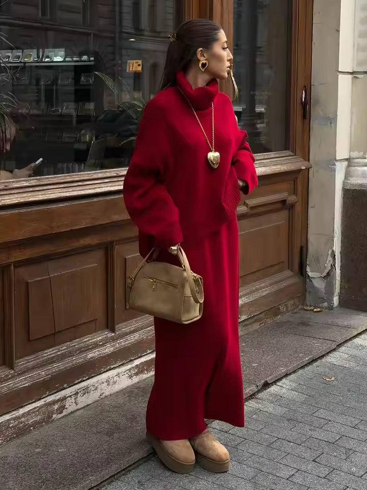 Dames Two-Piece Set – Oversized Turtleneck Trui – Maxi Rok – Gebreide Stretch Pasvorm