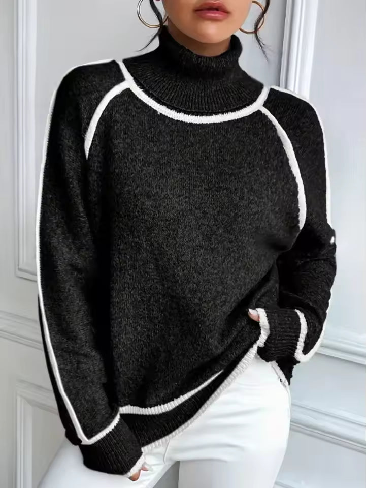 Dames Trui – Gebreid – Relaxte Pasvorm – Hoge Col – Gestreepte Details