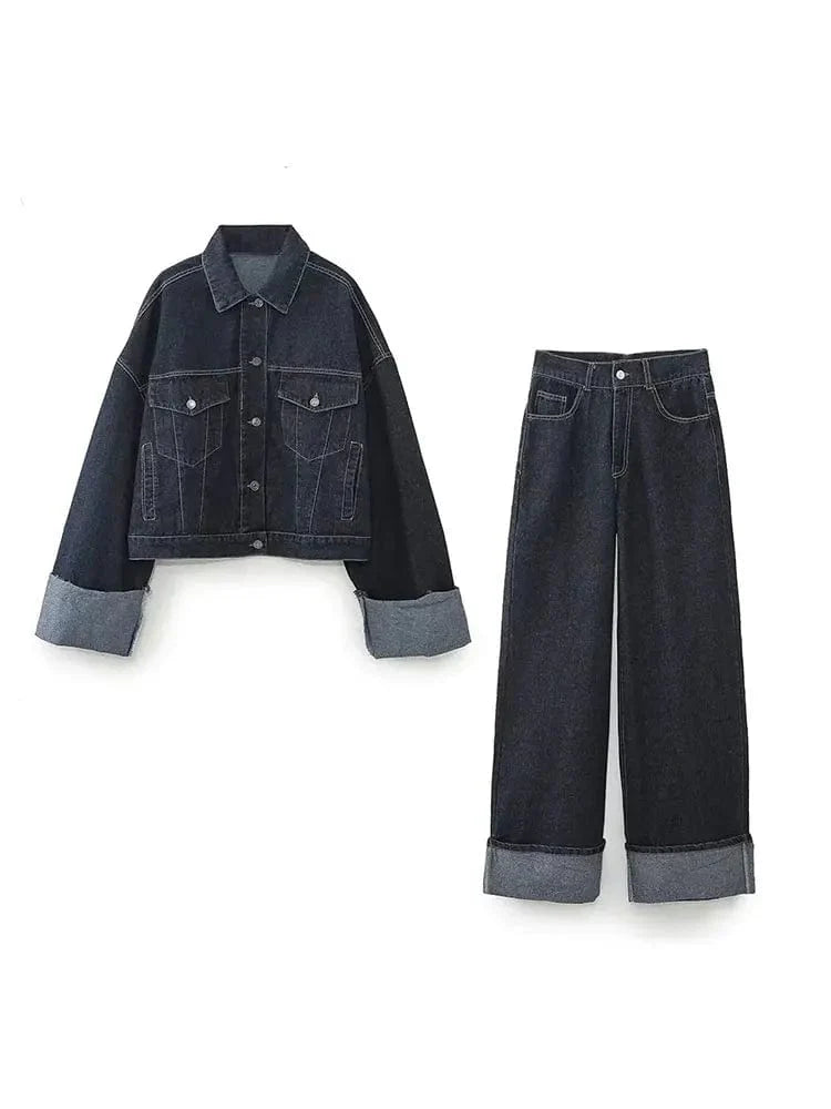 Denim Twee-Delen Ensemble met Lange Mouwen en Kraag