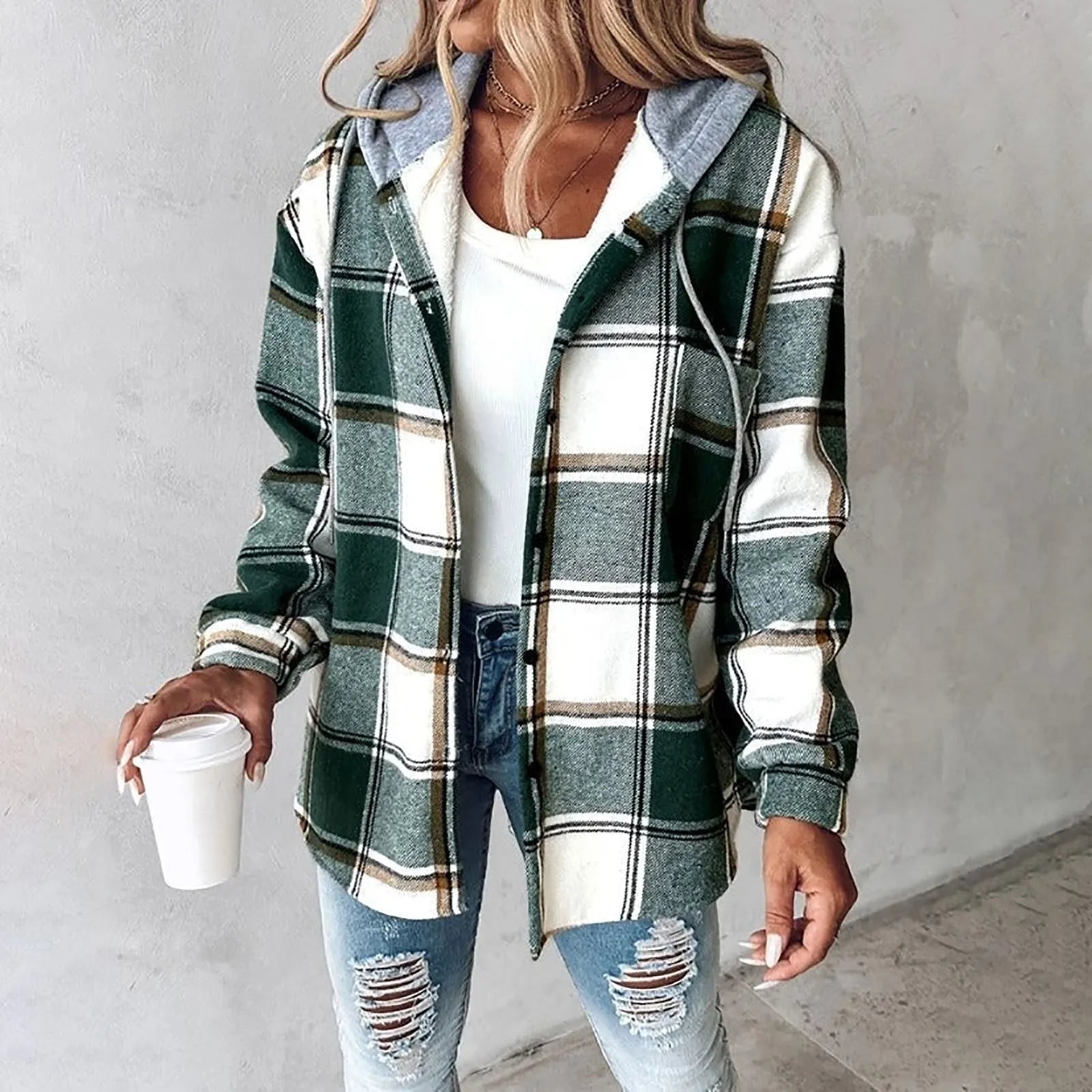 Dames Overshirt Jas – Relaxte Pasvorm – Wolmix – Geruit – Capuchon – Knoopsluiting