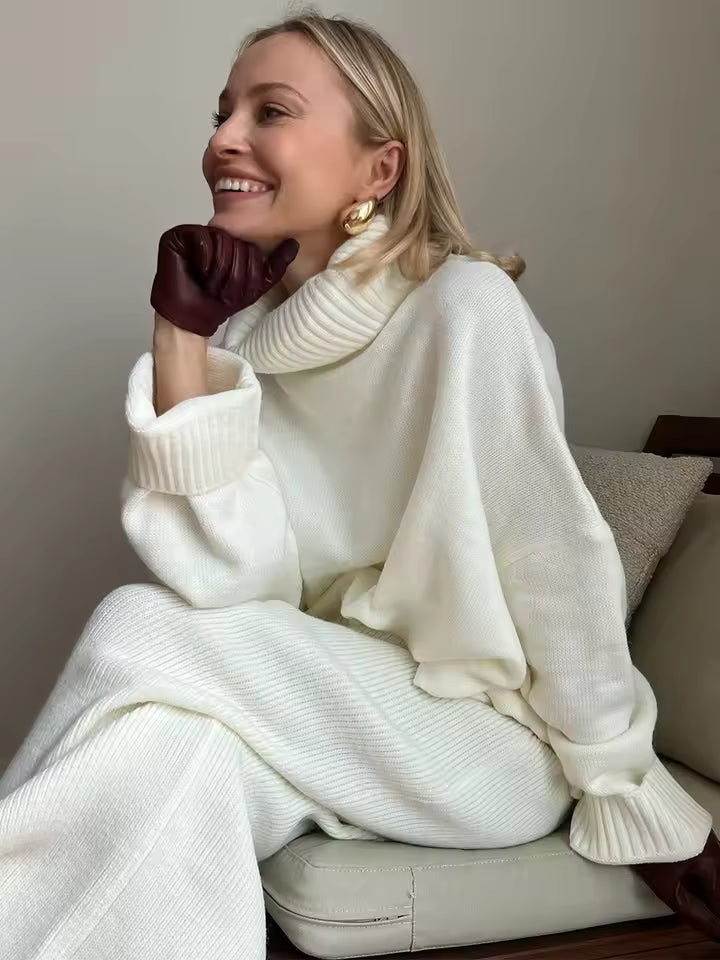 Dames Two-Piece Set – Oversized Turtleneck Trui – Maxi Rok – Gebreide Stretch Pasvorm