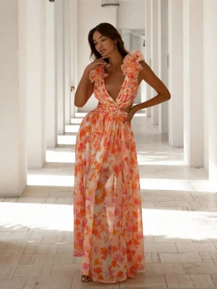 Stijlvolle Backless Ruffles Maxi Jurk